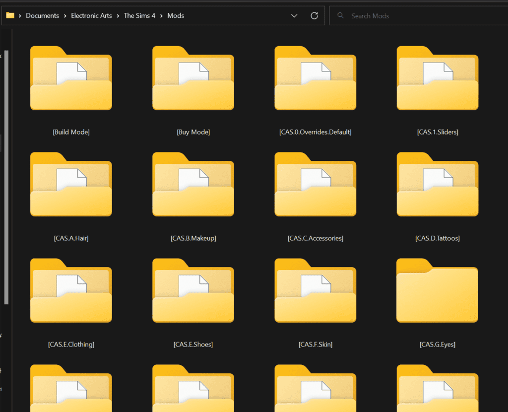 Preview of how Sims 4 mods and CC are organized in a folder.